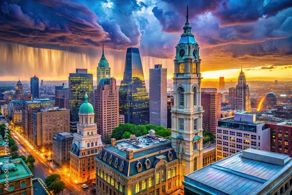 Obraz premium A storm-swept Philly skyline; AI captures urban beauty.
