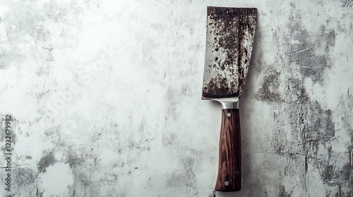 Rustic cleaver, grunge background, overhead, butchering
