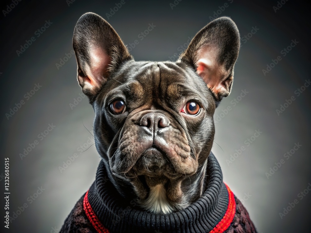 A French Bulldog, black sweater, gray background; high detail. A French Bulldog, black sweater, gray background; high detail.