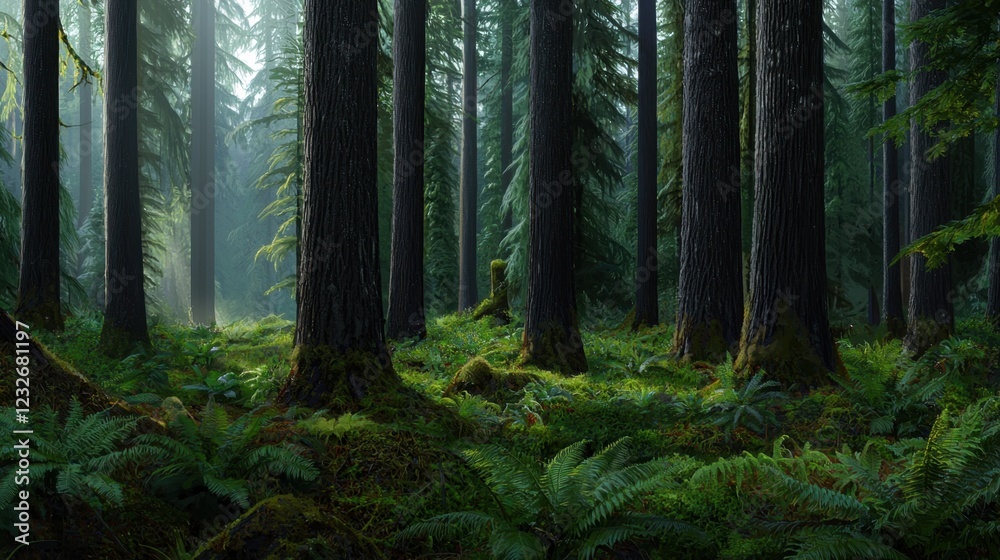 Obraz premium A forest with tall trees and a lot of moss