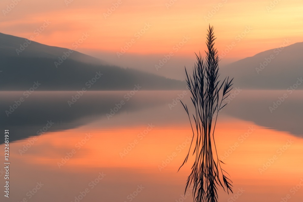 Golden sunset over a tranquil lake with reflection Golden sunset over a tranquil lake with reflection