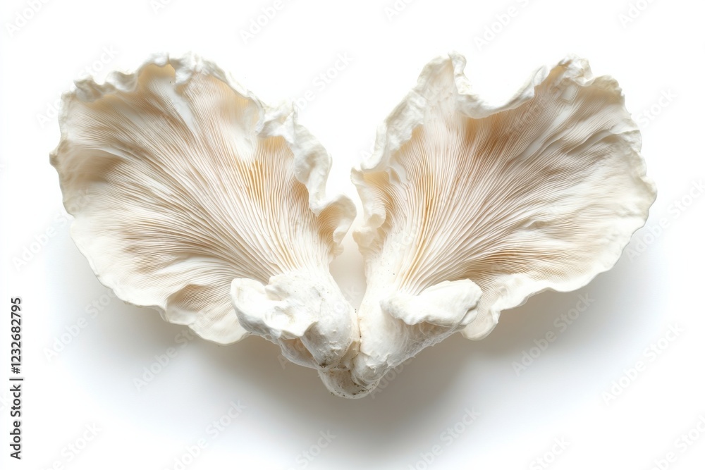 Mature Angel Wings mushroom with delicate white shell shapes on white plain isolated, fungi specimen showcase Mature Angel Wings mushroom with delicate white shell shapes on white plain isolated, fungi specimen showcase