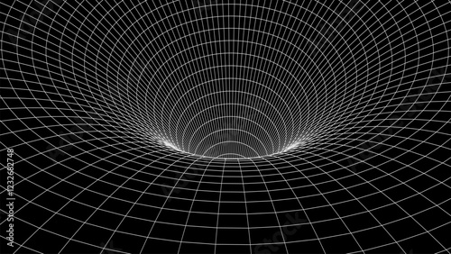 Graphic illusion of a tunnel. Holes in a funnel or mesh. Abstract 3D wireframe wormhole. Vector illustration.