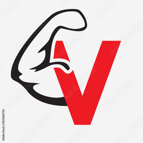 Initial Monogram Letter V Strong Logo Concept With Bicep Muscle Arm Symbol For Gym and Fitness Logotype