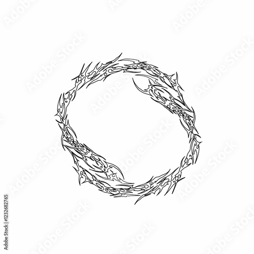 Neo tribal of circular thorn wreath with sharp and intricate details. Ideal for tattoo designs, gothic themes, and religious symbolism