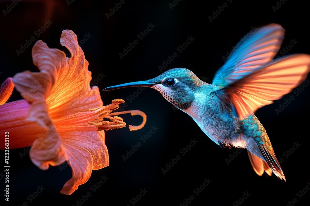 Fototapeta premium Hummingbirds drinking nectar from vibrant flowers