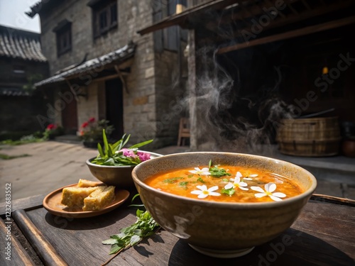 Spicy Katuri Flower Soup in a Rustic Bowl, Vibrant Asian Cuisine Photography photo