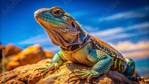 Spinytail Iguana Basking on Arizona Desert Rock - Sunny Day Stock Photo photo