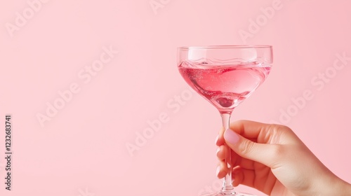 Elegant pink cocktail drink with bubbles held by hand in minimalist setting photo