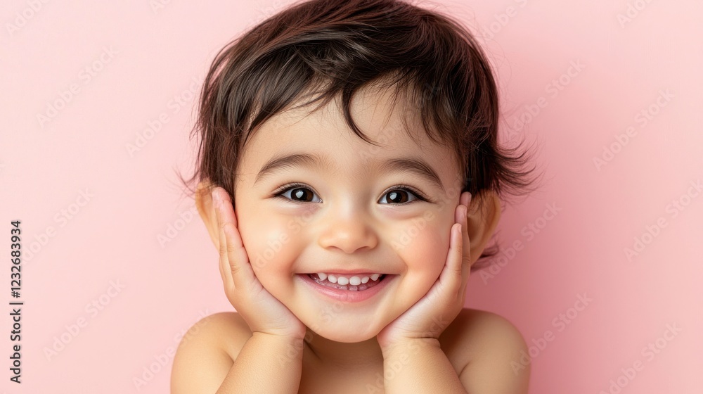 Happy Baby with Hands on Cheeks Against Pink Background Happy Baby with Hands on Cheeks Against Pink Background