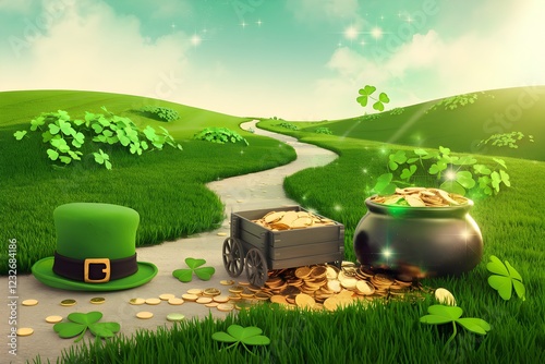 Happy St. Patrick's Day background with pot of gold coins, clover and rainbow 