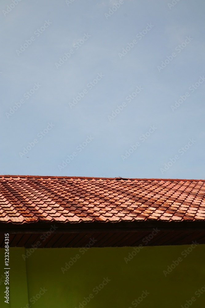 A textured terracotta tiled roof against a bright blue sky showcases architectural detail A textured terracotta tiled roof against a bright blue sky showcases architectural detail