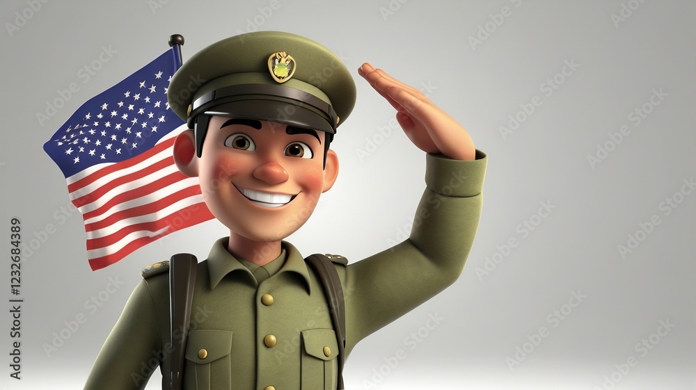 Smiling Cartoon Soldier Saluting American Flag Smiling Cartoon Soldier Saluting American Flag