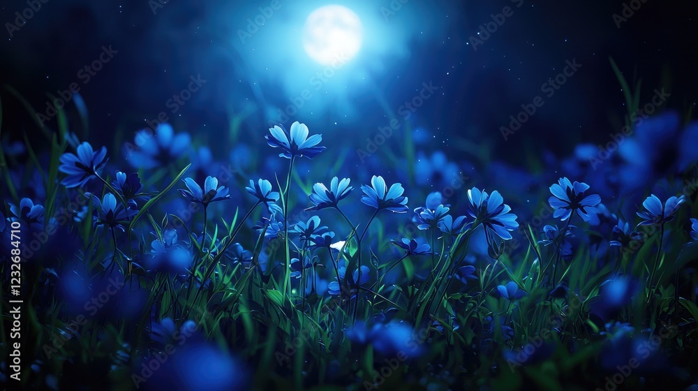 Fototapeta premium Blue Flower Field Under Moonlight in Mystical Night Scene