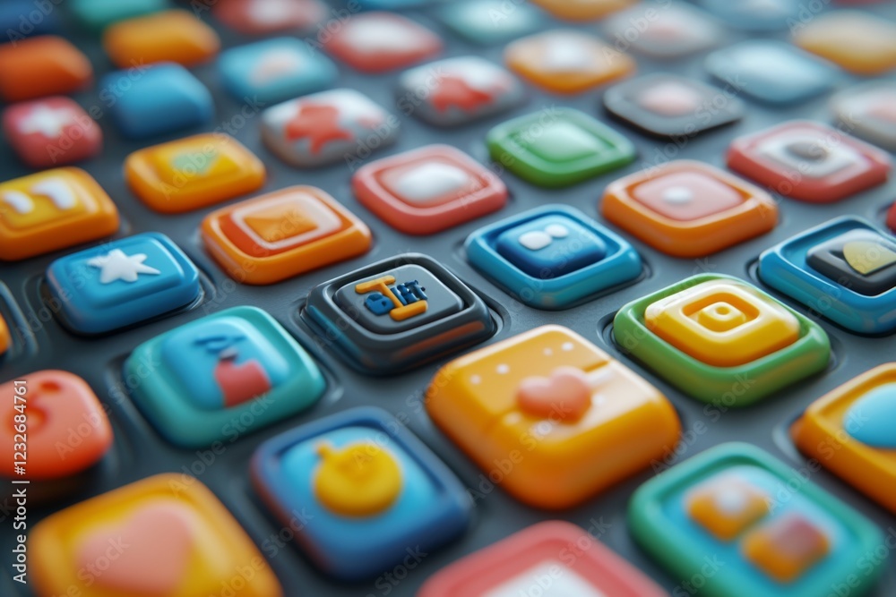 Closeup of colorful keyboard with futuristic symbols Closeup of colorful keyboard with futuristic symbols