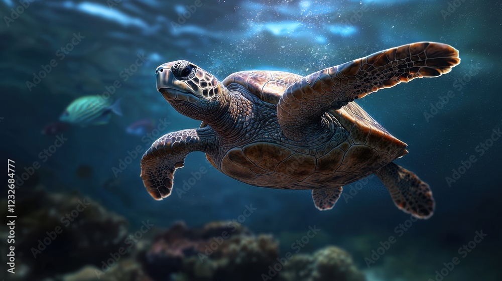 Obraz premium A turtle swimming in the ocean with a fish in the background