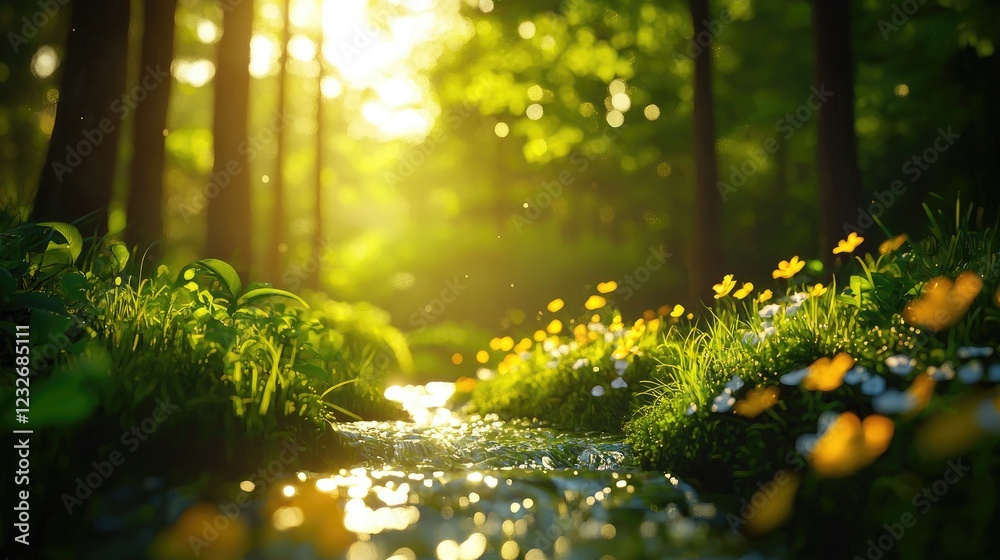 Fototapeta premium Serene Sunlit Forest Stream with Wildflowers and Glowing Light