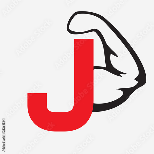 Initial Monogram Letter J Strong Logo Concept With Bicep Muscle Arm Symbol For Gym and Fitness Logotype