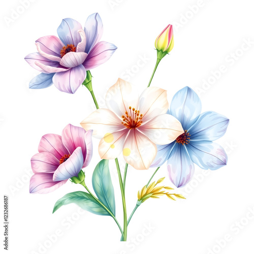 Wallpaper Mural Pastel Dream Flowers: A watercolor painting of a delicate bouquet featuring soft pastel-colored flowers in shades of pink, purple, and blue, creating a serene and dreamy atmosphere. Torontodigital.ca