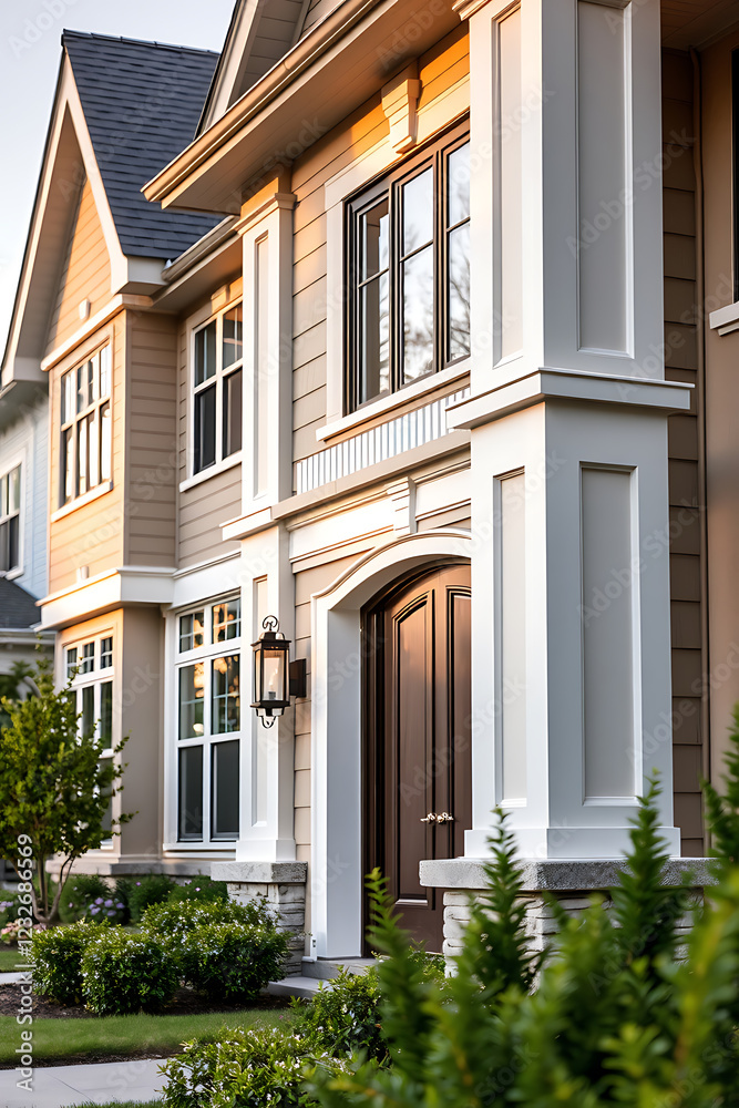 Elegant Home Exterior: Modern Architecture and Landscaping Design. Discover the beauty of this luxury house, showcasing its contemporary facade, stylish entrance, and meticulous landscaping.