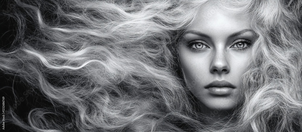 Fototapeta premium Woman's flowing blonde hair, studio shot, dark background, beauty advert