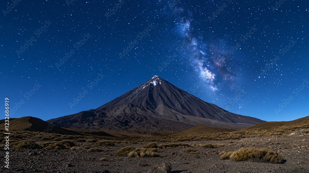 Fototapeta premium Volcanic peak, Milky Way, night sky, desert landscape, astronomy
