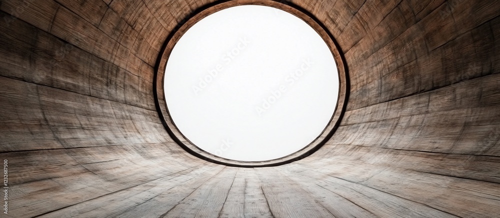 Wooden tunnel interior, circular skylight, bright background, architectural design Wooden tunnel interior, circular skylight, bright background, architectural design
