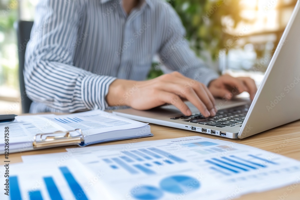Man working on laptop, office documents, graphs Man working on laptop, office documents, graphs