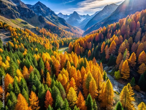 Stunning Aerial View of Val Masino, Lombardy: Autumnal Larch & Pine Forest photo