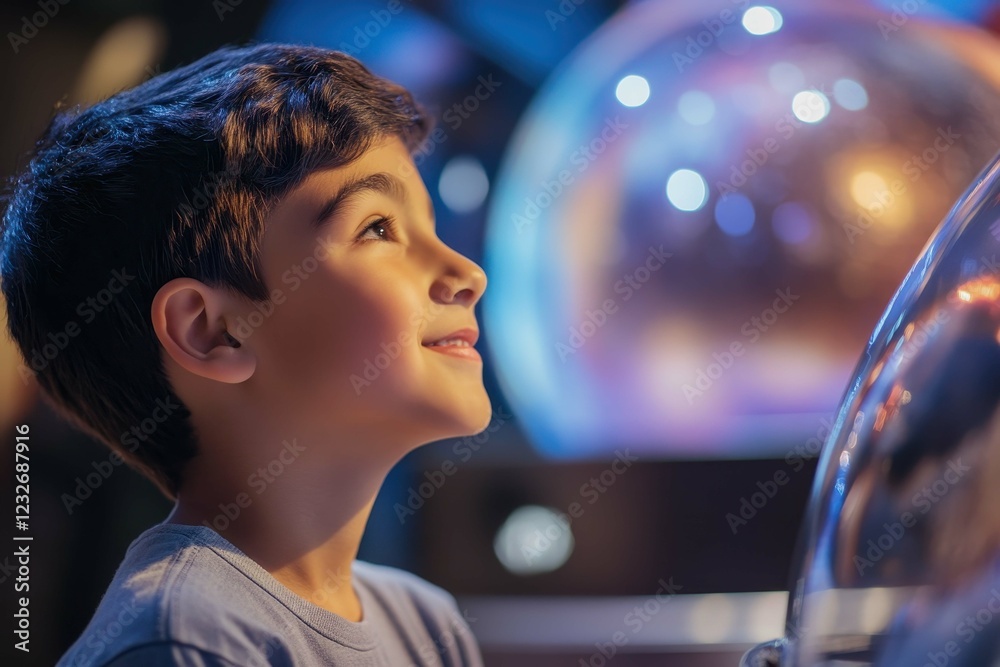 Naklejka premium Young boy marvels at scientific exhibit in a brightly lit museum during the afternoon hours