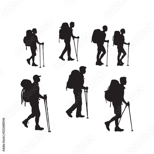 Set of silhouette of Hiking man. hikers with rucksacks and backpack silhouette.