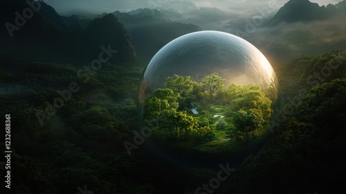 A breathtaking forest contained within a translucent sphere symbolizes harmony between nature and humanity, creating a dreamlike vision that invokes a sense of wonder and protection.