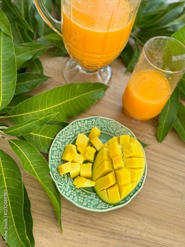 A fresh mango feast: a green plate holds diced and sliced ripe mango, next to a glass and pitcher of vibrant orange mango juice. Green mango leaves add a natural touch to the wooden table setting.