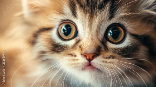 A close-up of a fluffy kitten with big, bright eyes photo