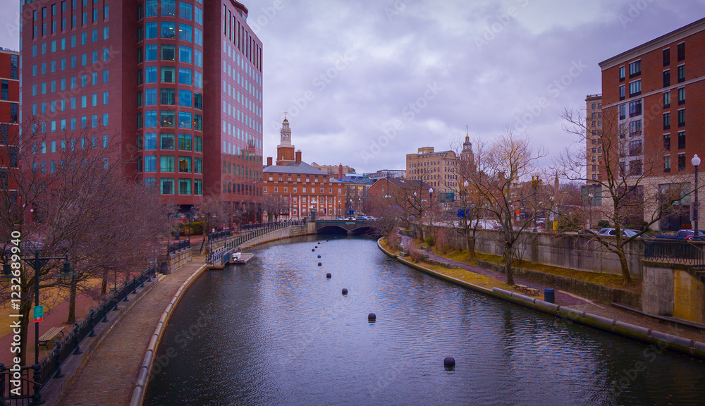 Obraz premium Providence Rhode Island Downtown Skyline, Skyscrapers, Promenade, and Bridges over the River