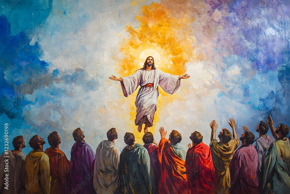 Classical Art Style Painting of Jesus' Ascension Observed by Disciples  