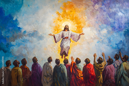 Classical Art Style Painting of Jesus' Ascension Observed by Disciples  