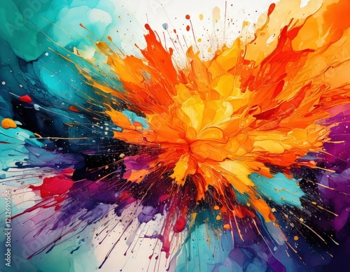 A bold and energetic abstract painting featuring a fusion of fiery orange, deep red, cool blue, and rich purple, swirling together in a captivating fluid motion.