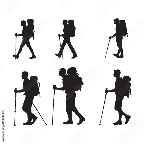 Set of silhouette of Hiking man. hikers with rucksacks and backpack silhouette.