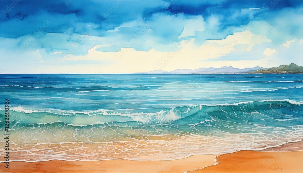 Obraz premium Beautiful watercolor painting of a tranquil seascape featuring gentle ocean waves, a sandy shoreline, and a distant mountain range under a cloudy blue sky.