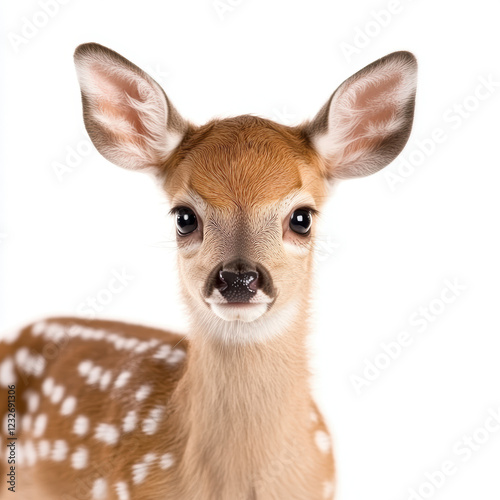 Adorable fawn with spotted fur against a white background, detailed wildlife portrait of baby deer