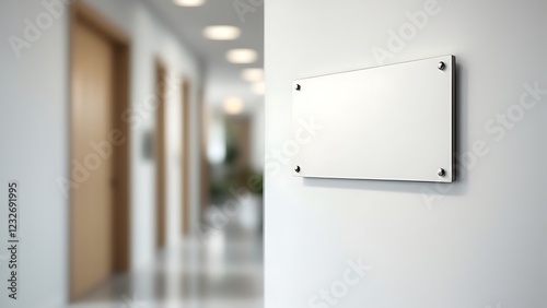 Name plate design mockup handing on door, 3d render. Door sign mock up template on entry in cabinet. Office hall interior with nameplate on door