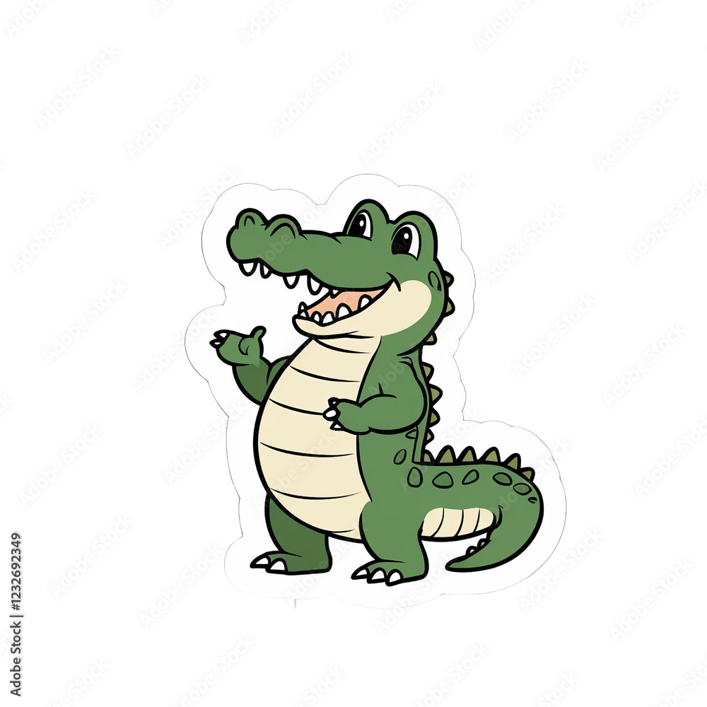 Fototapeta premium A cartoon-style alligator standing upright, smiling with a friendly demeanor, showcasing distinct scales and a light-colored belly.