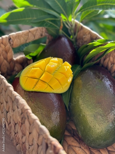 A fresh mango feast: a green plate holds diced and sliced ripe mango, next to a glass and pitcher of vibrant orange mango juice. Green mango leaves add a natural touch to the wooden table setting.