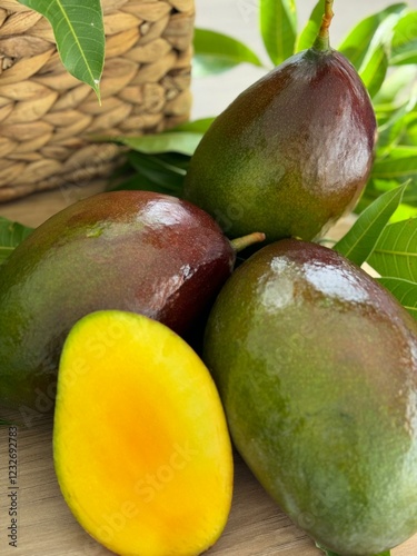 A fresh mango feast: a green plate holds diced and sliced ripe mango, next to a glass and pitcher of vibrant orange mango juice. Green mango leaves add a natural touch to the wooden table setting.
