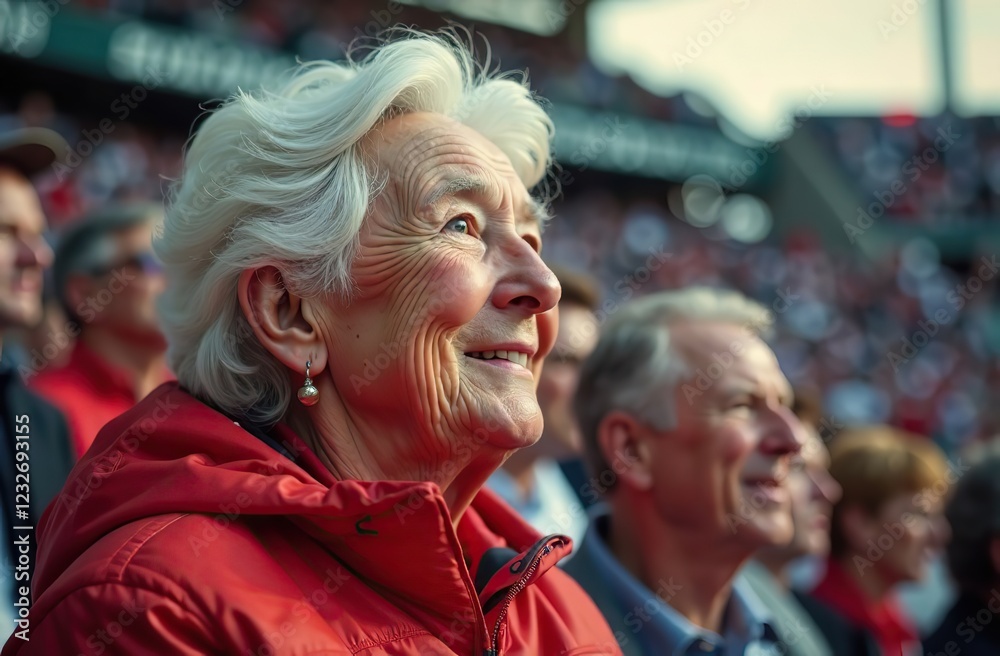 Fototapeta premium The old lady at the stadium sports event competition cheering. Generative ai image