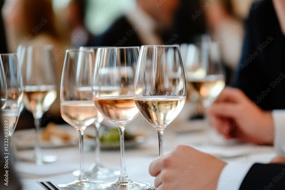 Elegant dining experience with wine glasses at a formal event during a sunny afternoon Elegant dining experience with wine glasses at a formal event during a sunny afternoon