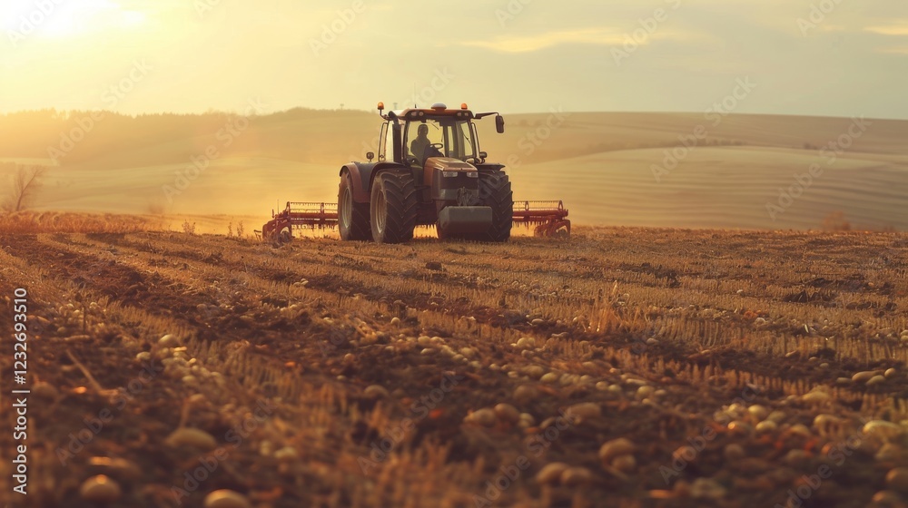 Fototapeta premium Efficient Autonomous Potato Harvesting with Innovative Tractor Technology in Action on the Field