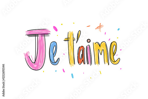 A vibrant artistic illustration of the phrase Je t’aime painted in a minimalist style with colorful hearts and handwritten typography on a white background.