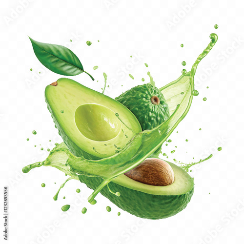 abstract 3d green fruit avocado with juicy splash isolated on white background